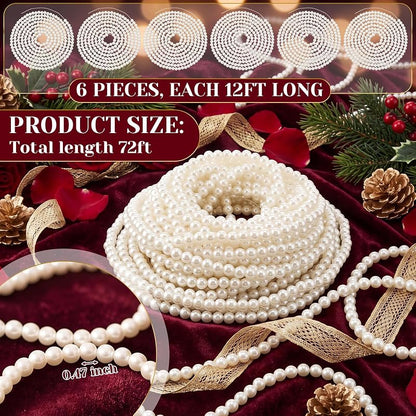 6 Pack 72ft Pearl Garland for Christmas Tree Decor – 12mm Beads, Large Pearl Strand