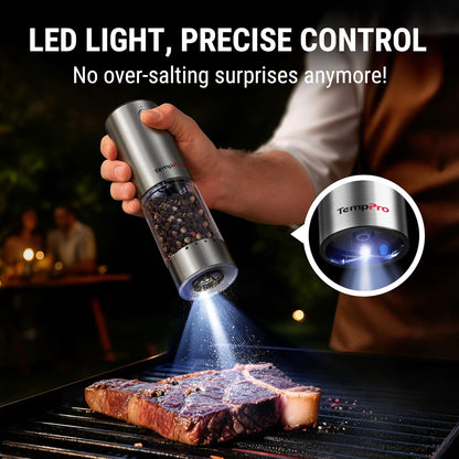 TempPro Electric Salt and Pepper Grinder Set - Rechargeable Automatic Shakers with LED | 100ml, 2-Pack