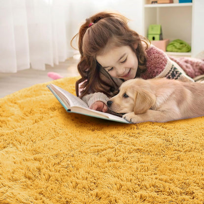 OLANLY Mustard Yellow Round Rug - Soft, Fluffy Shaggy Carpet for Bedroom | 3 ft Circle Area Rug