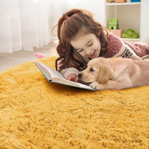 OLANLY Mustard Yellow Round Rugs for Bedroom - Machine Washable, 8 ft Circle Area Rugs for Living Room, Soft and Fluffy Shaggy Carpet for Teen Girl and Boys, Nursery Rooms, Dorms, Home Decor Aesthetic