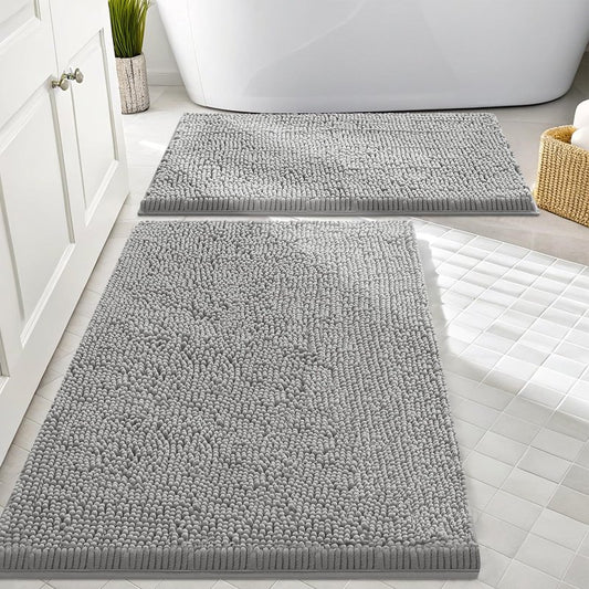 Smiry Bathroom Rugs Sets 2 Piece, Soft Absorbent Chenille Machine Washable Non Slip Shaggy Bath Rug Set for Tub, Shower, and Floor (30x20+24x16, Light Grey)