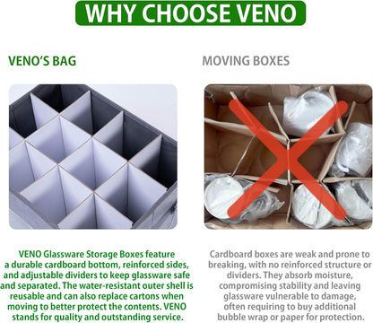 VENO Champagne Flute Glass Storage Box - 2 Pack with Lid & Handles | Organizer for 12 Glasses