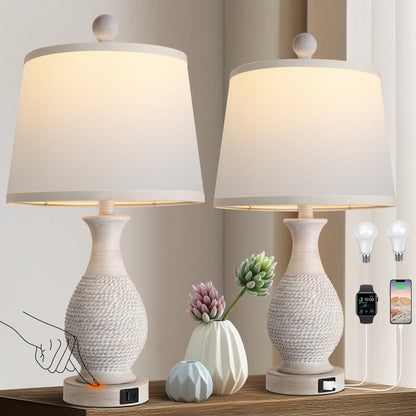 PARTPHONER Traditional Table Lamps Set of 2, Bedside Touch Lamp with USB C+A Charging Ports, Rustic Farmhouse Table Lamps for Living Room Bedroom, Side Table Lamp with White Fabric Shade, Antique Grey