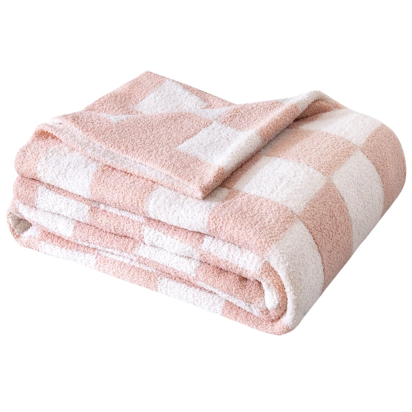 SeaRoomy Checkered Blanket, Ultra Soft Cozy Knit Throw Blanket Queen Size, Warm Fluffy Reversible Lightweight Checkerboard Knitted Blanket for All Seasons Pink Decor(Light Pink, 90"×90")