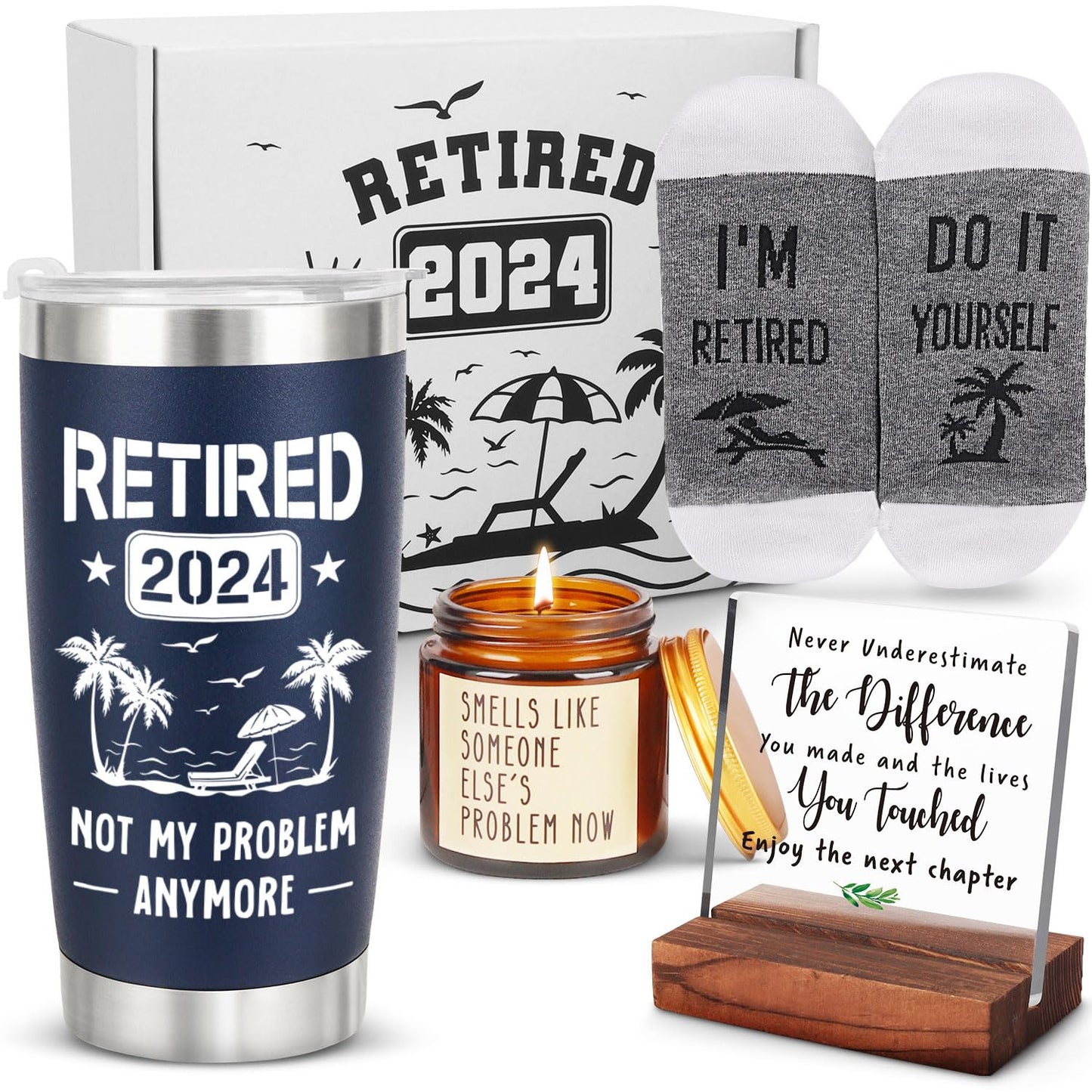 Retirement Gifts for Men 2024, Funny Happy Retirement Party Decoration Gifts for Men, Retired Goodbye Gifts for Coworker Boss Teacher, Men Retirement Tumbler Cup Socks Candle Decoration Sign Gifts Set