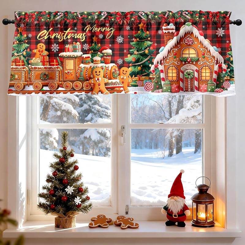Gingerbread 2-Pack Christmas Valance Curtain 51x18 in - Peachskin Velvet, Rod Pocket