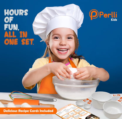 Perlli Kids Cooking Set - 31-Piece Real Utensils Gift for Junior Chefs | Safe Knife Set for Ages 6+ - Orange