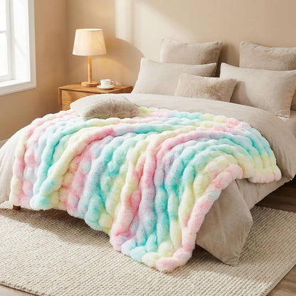 DREAMNINE Soft Faux Bubble Rabbit Fur Throw Blanket - Cozy Colorful Fuzzy Blanket for Couch | 50x60 Inches, Rainbow