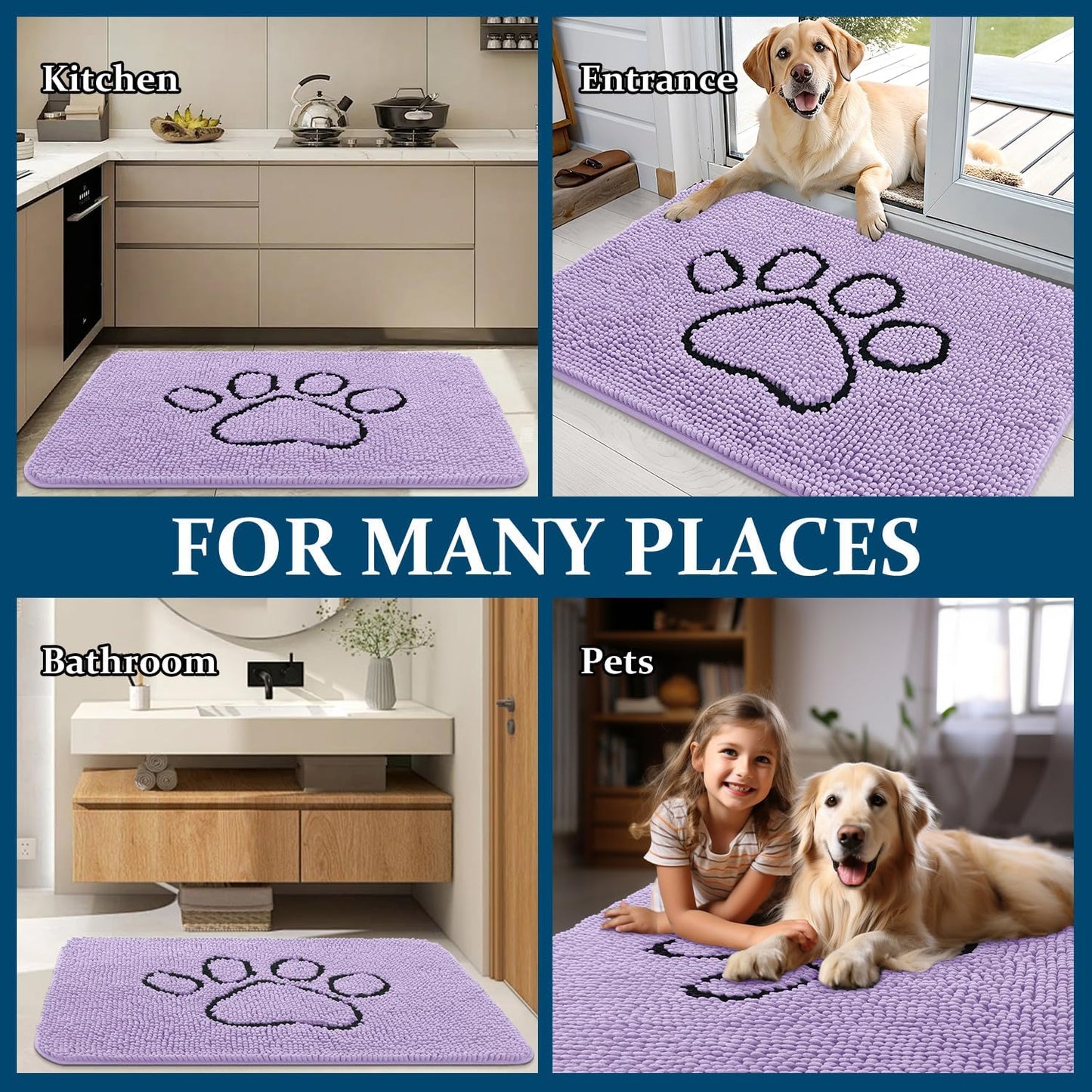 OLANLY Dog Door Mat - Absorbent Non-Slip Mud Mat for Paws | Quick Dry Chenille, 48x30, Lavender