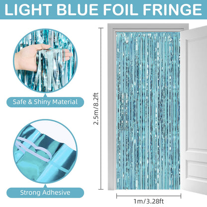 30 Pack Light Blue Foil Fringe Curtain Backdrop, 3.3x8.2 Feet Metallic Tinsel Streamer Curtains Photo Booth Props for Baby Shower/Bachelorette/Graduation/Birthday/Ocean Theme Party Decorations