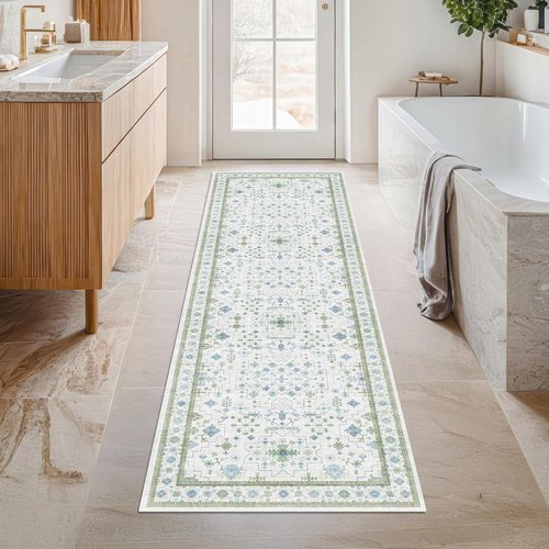Hazo Haus Boho Bathroom Runner - Cream Green Oushak Floral Turkish | Washable Non-Slip Accent Rug 2x7