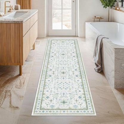 Hazo Haus Boho Bathroom Runner - Cream Green Oushak Floral Turkish | Washable Non-Slip Accent Rug 2x7