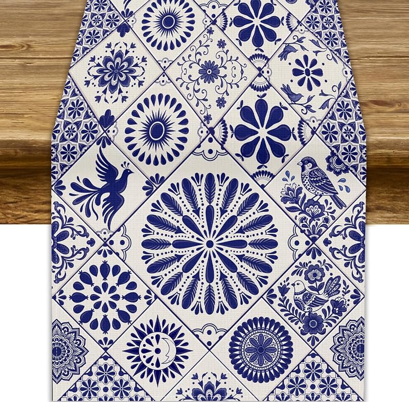 Mexican Talavera Style Table Runner 13x70in Beiges Floral Birds Variation of THIS listing