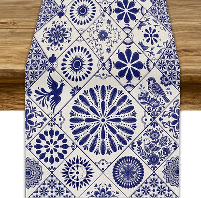 Mexican Talavera Style Table Runner 13x70in Beiges Floral Birds Variation of THIS listing