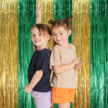 Voircoloria Green and Gold Foil Fringe Backdrop Curtains - 3 Pack Tinsel Streamers for Parties | 3.3 x 8.2 ft