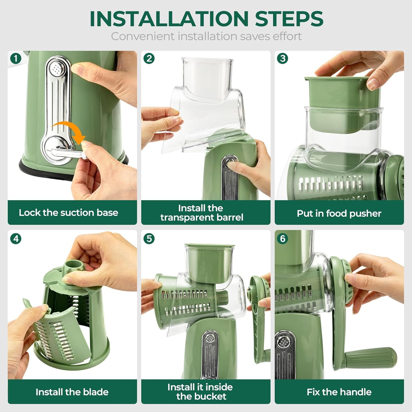 SUSTEAS Rotary Cheese Grater - Versatile Vegetable Shredder with 5 Blades & Strong Suction Base | Retro Green