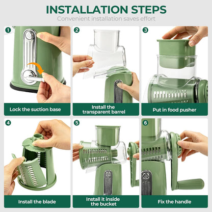 SUSTEAS Rotary Cheese Grater - Versatile Vegetable Shredder with 5 Blades & Strong Suction Base | Retro Green