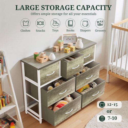 7-Drawer Dresser for Bedroom, Anti-Tip Wide Storage Organizer Fabric Chest of Drawers TV Stand for 45" TV with Wooden Top and Metal Frame for Closet, Living Room, Hallway, Entryway, Greige Oak