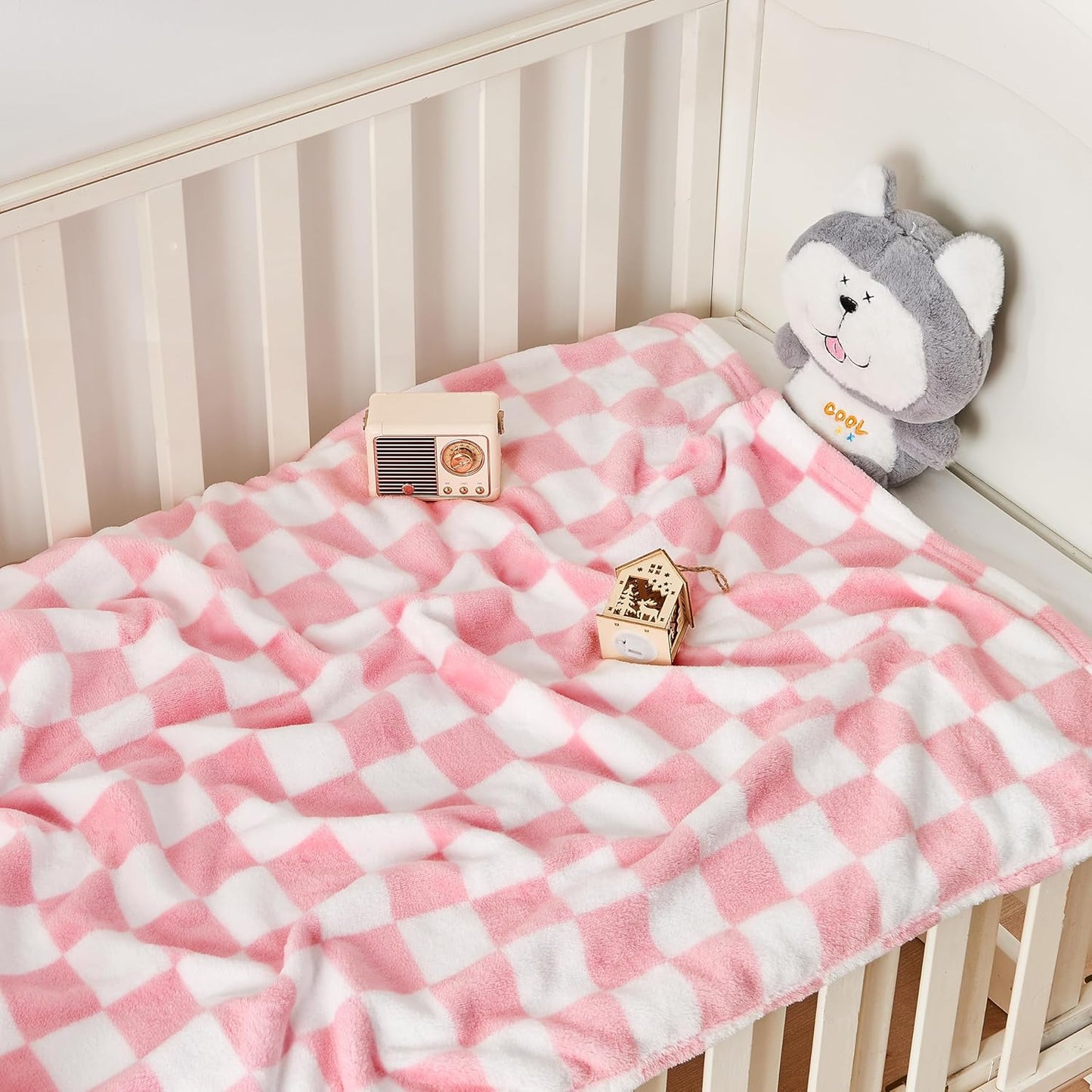 Yurhap Checkered Baby Blanket - Soft Pink Fleece for Girls & Boys | Lightweight 30''x40'' Comfort Blanket