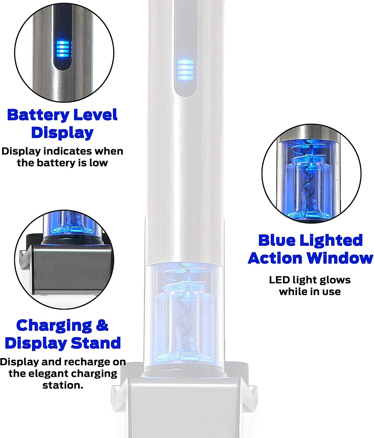 Wine Enthusiast 2-in-1 Electric Blue Automatic Wine Bottle Opener and Preserver Set – Fully Electric Corkscrew with Charging Station – Seal Bottle with Vacuum Stopper (7 Piece Set)