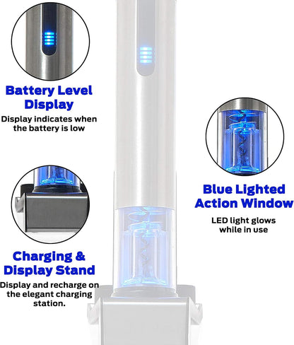 Wine Enthusiast 2-in-1 Electric Blue Automatic Wine Bottle Opener and Preserver Set – Fully Electric Corkscrew with Charging Station – Seal Bottle with Vacuum Stopper (7 Piece Set)