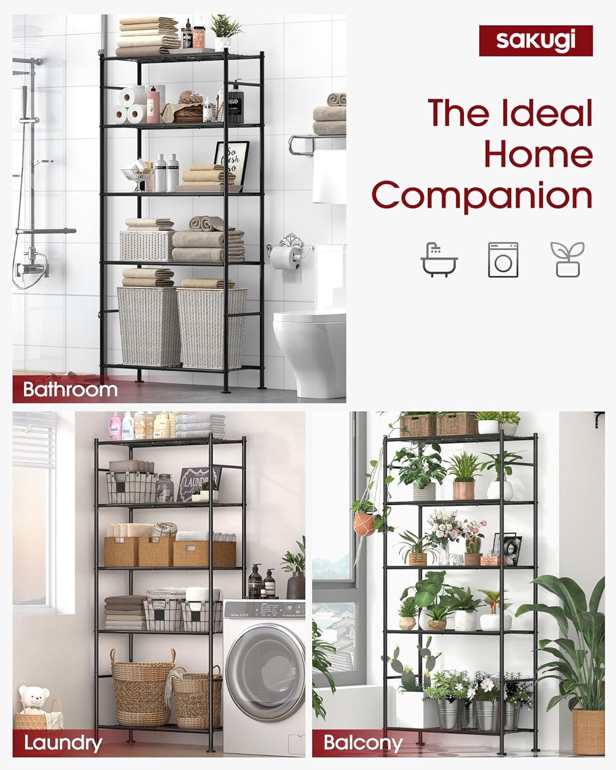 Sakugi Storage Shelves - Heavy Duty 5-Tier Shelf Organizer for Garage, Kitchen & Pantry | 33"W x 12.6"D x 72"H, Black