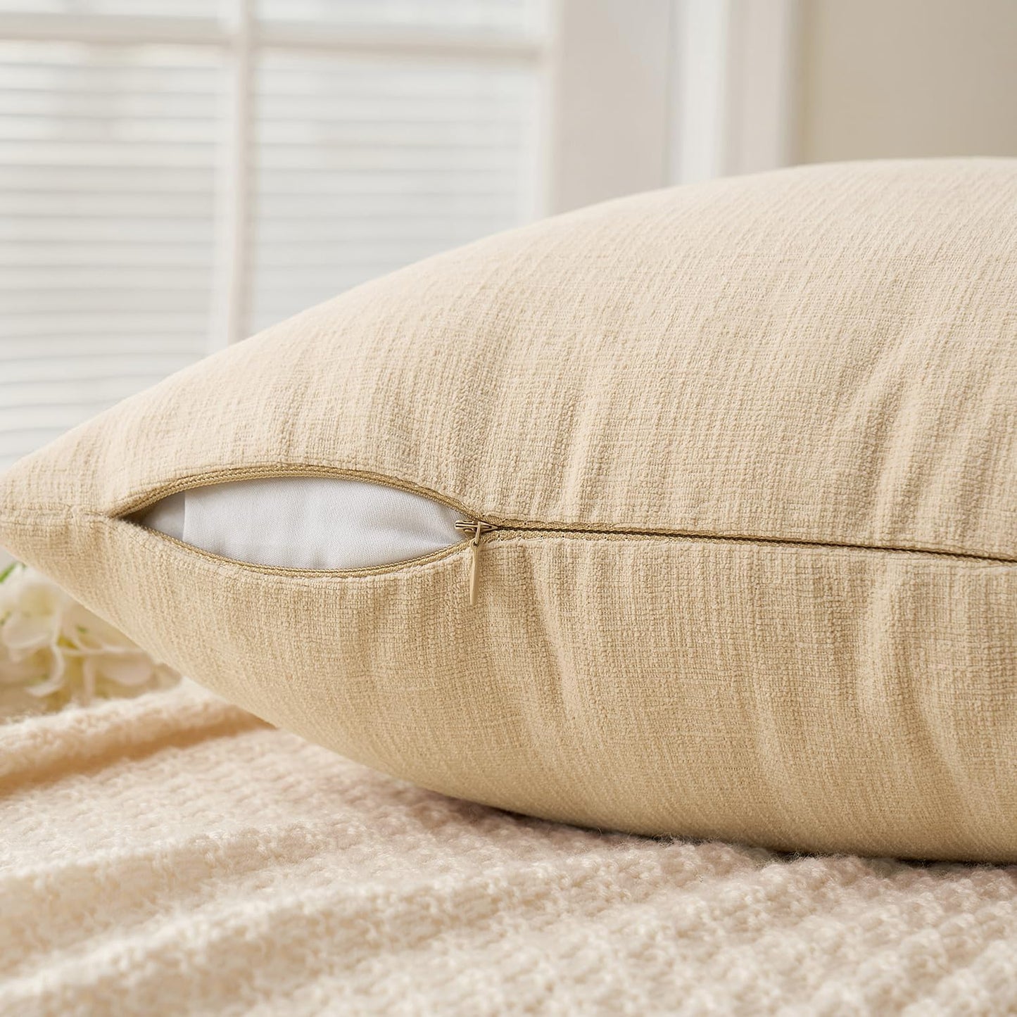 MIULEE Corduroy Decorative Throw Pillow Covers - Soft Chenille, 18x18 Inch, Cream White & Beige (Set of 2)