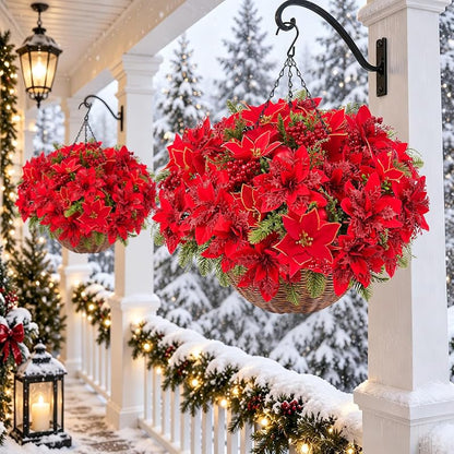 Artificial Velvet Poinsettia Hanging Baskets Outdoor 2-Pack - Red & Green