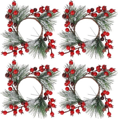 Christmas Candle Rings - Decorative Wreath Garland for 3" Dia Pillar Candles | Artificial Red Berries