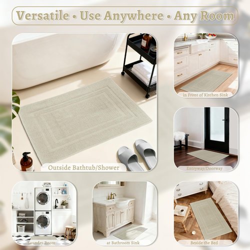 Mrs Awesome Soft 100% Cotton Bath Mat with Hot-melt Non-Slip Backing, 20" x 32" Comfortable & Absorbent Washable Textured Woven Rug for Bathroom, Beige