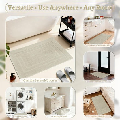 Mrs Awesome Soft 100% Cotton Bath Mat with Hot-melt Non-Slip Backing, 20" x 32" Comfortable & Absorbent Washable Textured Woven Rug for Bathroom, Beige