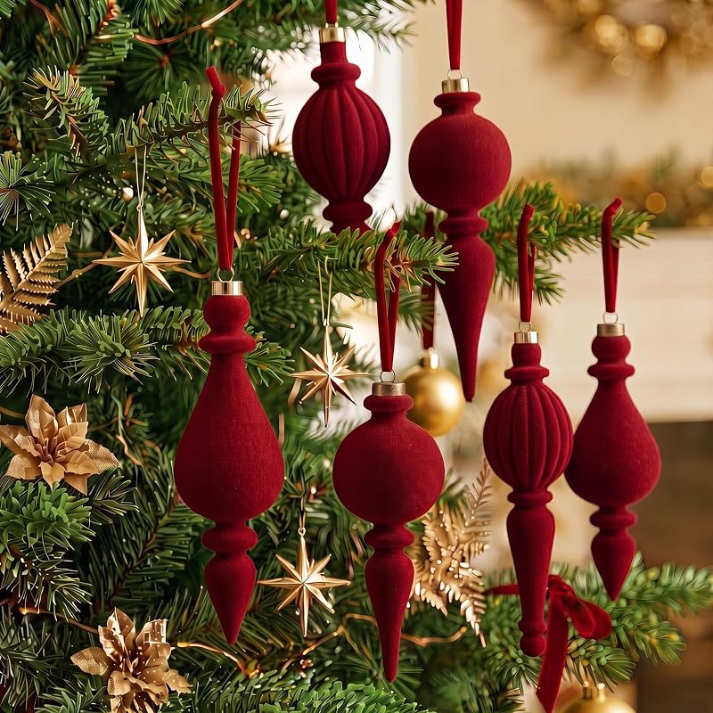 Jetec 12 Pcs Red Velvet Christmas Ornaments with 3 Styles – Flocked Holiday Tree Decorations, Burgundy