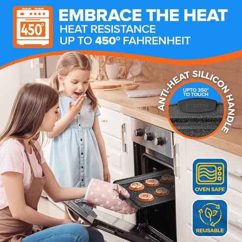 Emporio Kitchen Nonstick Baking Pan Set - Carbon Steel Bakeware with Red Silicone Handles | Oven Safe Up to 450°F, Set of 6 - Black