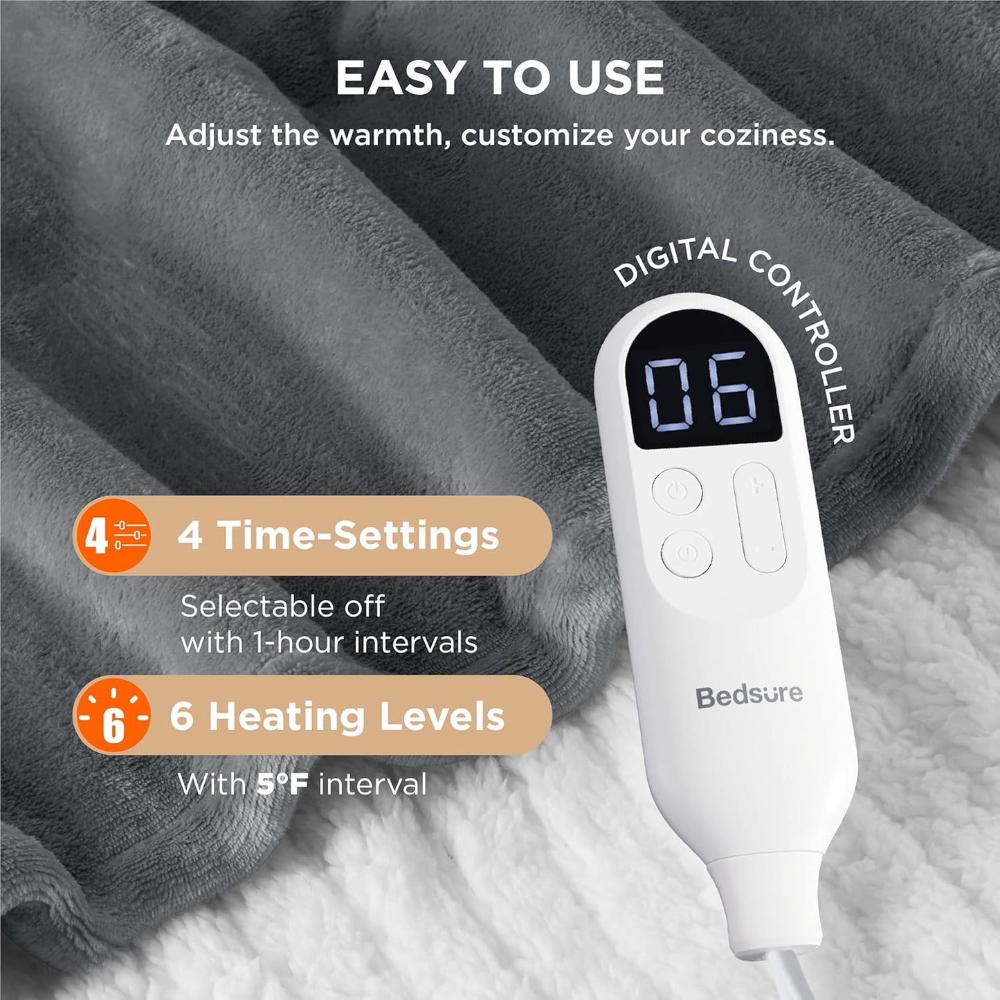 Bedsure Heated Blanket - Soft Flannel Electric Throw with 4 Time & 6 Heating Settings | 50"x60", Grey