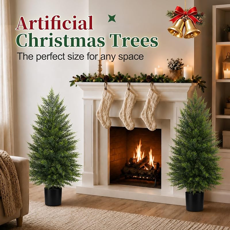 2 Pack 3ft Artificial Cedar Topiary Trees for Outdoor Front Porch - Realistic Faux Cedar