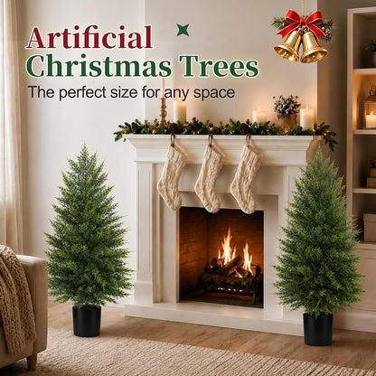 2 Pack 3ft Artificial Cedar Topiary Trees for Outdoor Front Porch - Realistic Faux Cedar