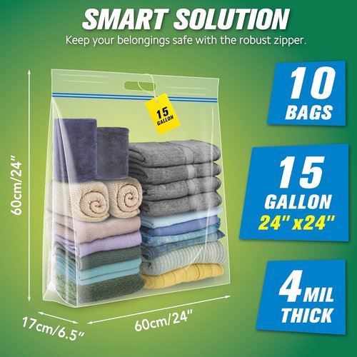 HIBAG 15 Gallon Storage Bags - Extra Large Resealable Clear Bags with Handles | 24” x 24” | Pack of 10