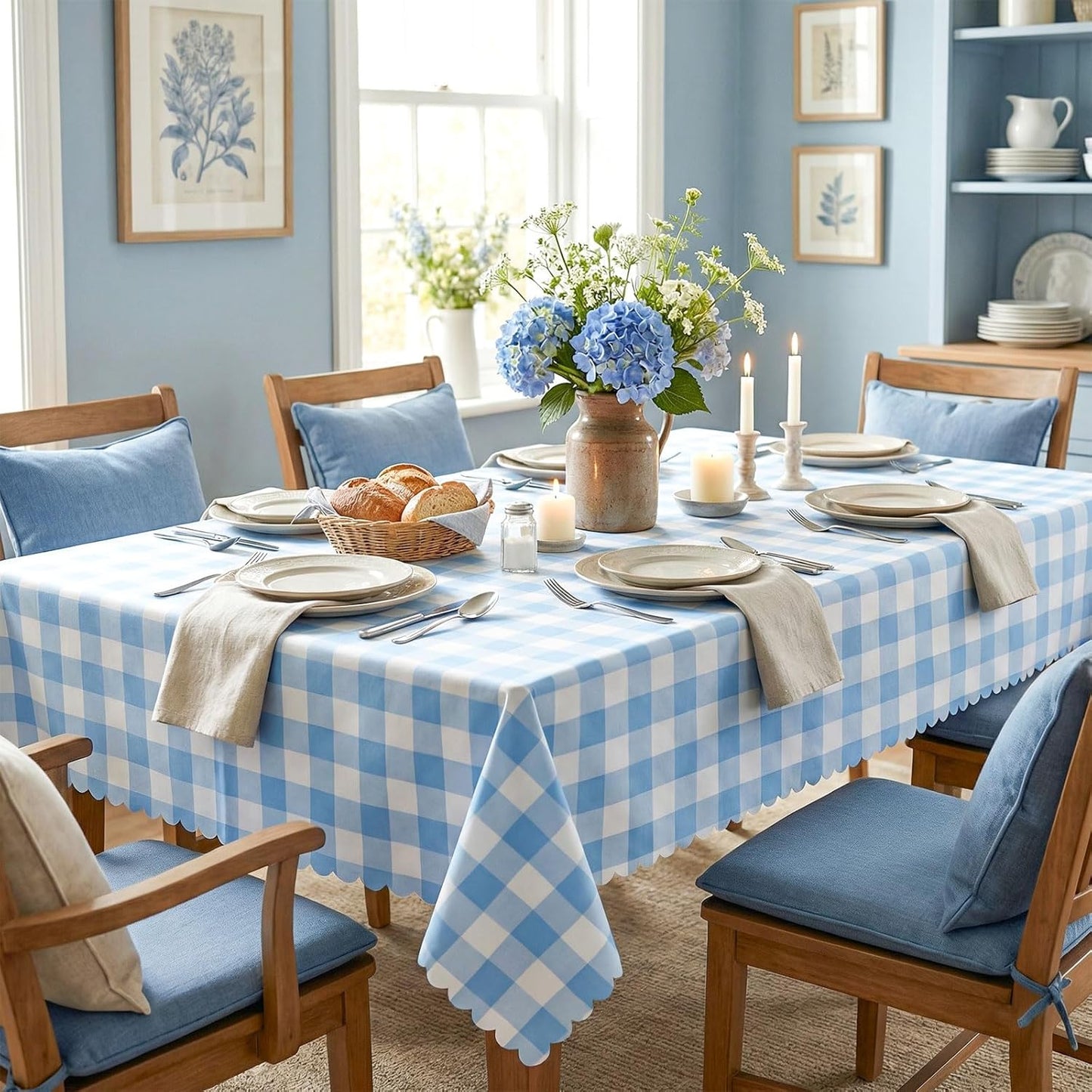 Skiennix Blue Gingham Tablecloths - 3 Pack Disposable Scalloped Design | 54 x 108 Inch for Events