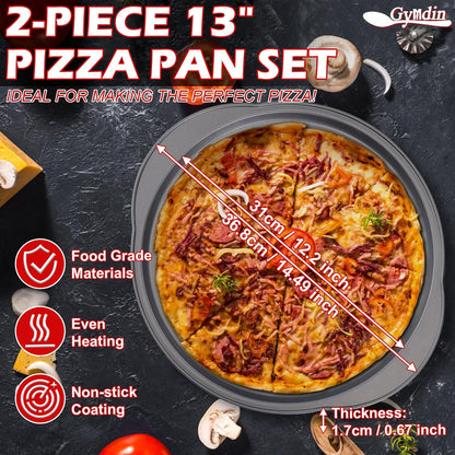 Skiennix 13" Round Pizza Pan - Non-Stick Carbon Steel with Holes & Handle | Easy to Clean & Oven Safe (2 Pack)