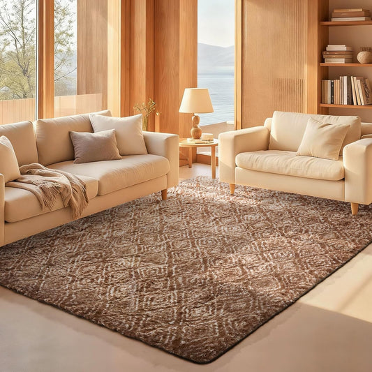 Ophanie Brown & White Diamond Striped Area Rug - Fluffy Shag 5x7 for Living Room & Bedroom Decor
