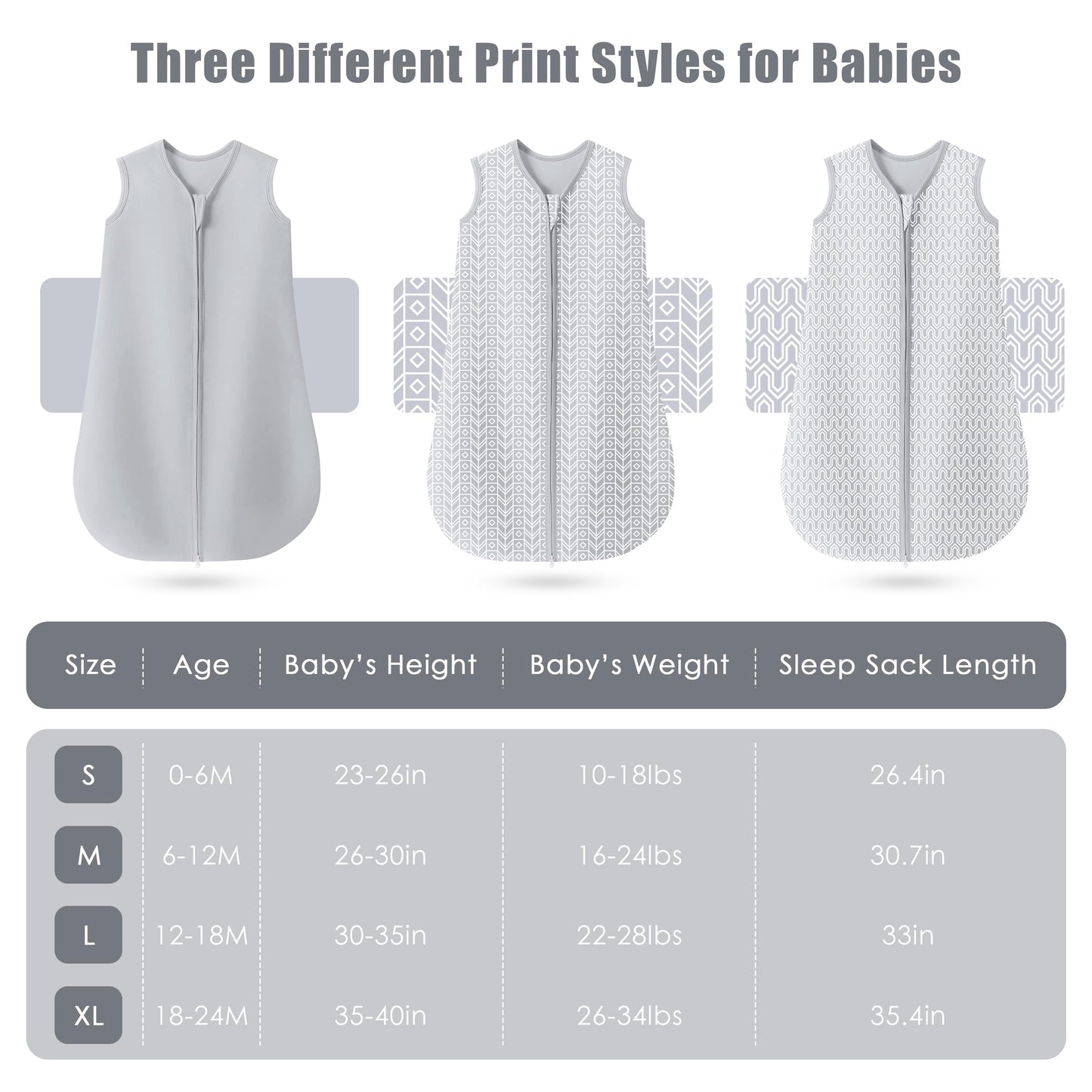 SWEET DOLPHIN Baby Sleep Sack 0-6 Months - 100% Cotton 2-Way Zipper TOG 0.5 Infant Wearable Blanket, Newborn Essentials Toddler 3 Pack Sleeping Sacks - Grey