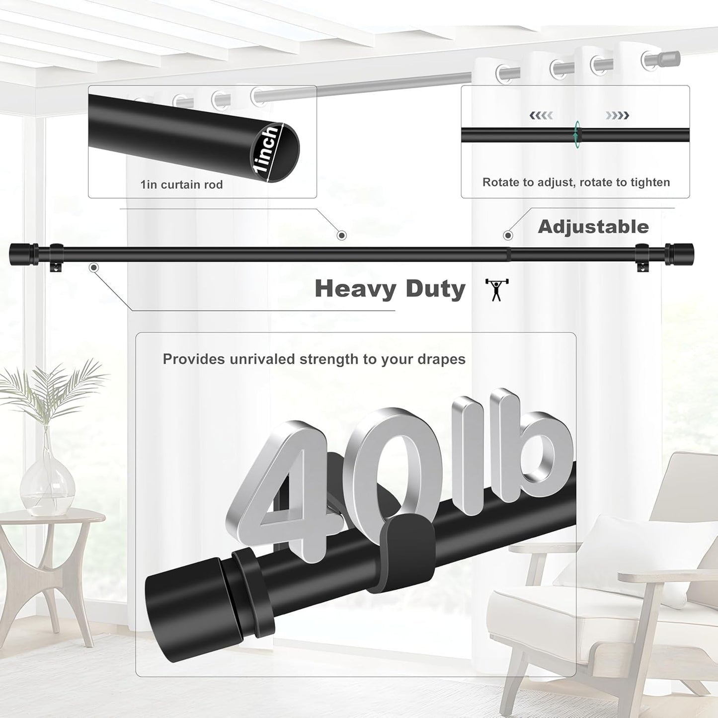 Ottsuls Curtain Rods - Adjustable 32-46 Inches | Heavy Duty Black Metal Set with Brackets