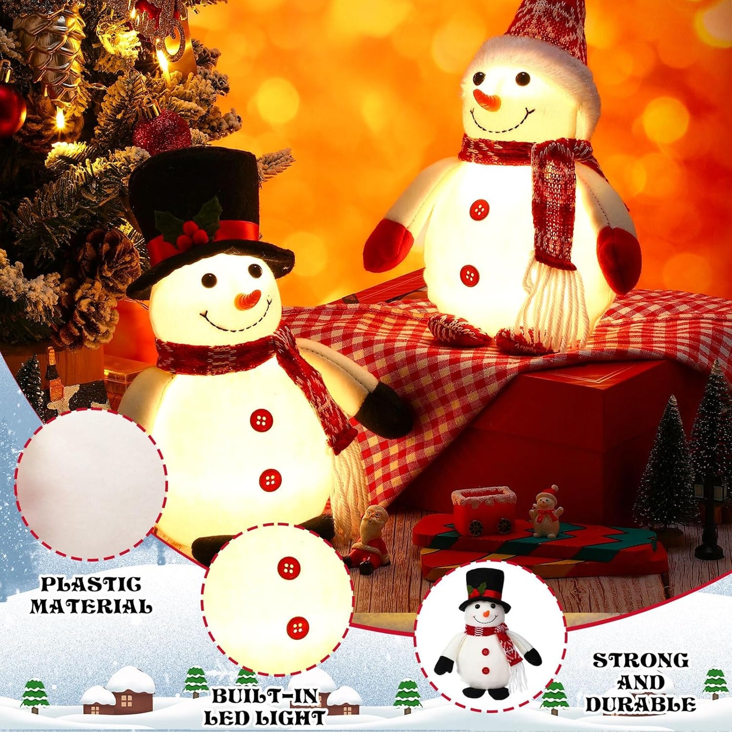 Tujoe Lighted LED Snowman Figurines - 10 Inch Christmas Tabletop Decor | Battery Operated Holiday Ornament