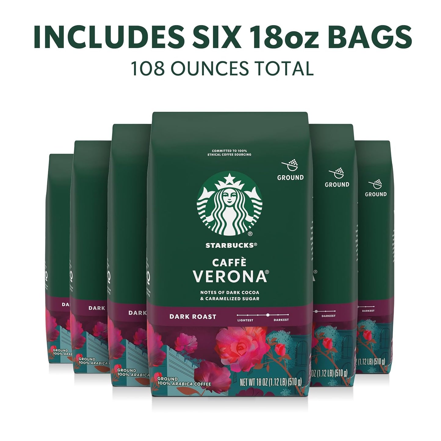 Starbucks Ground Coffee - Dark Roast Caffè Verona for Hot or Iced Coffee | Six 18 oz Bags