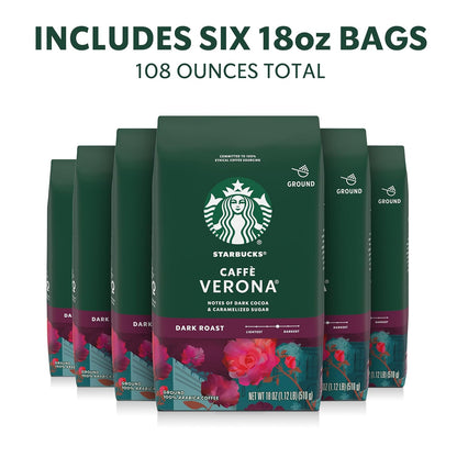 Starbucks Ground Coffee - Dark Roast Caffè Verona for Hot or Iced Coffee | Six 18 oz Bags