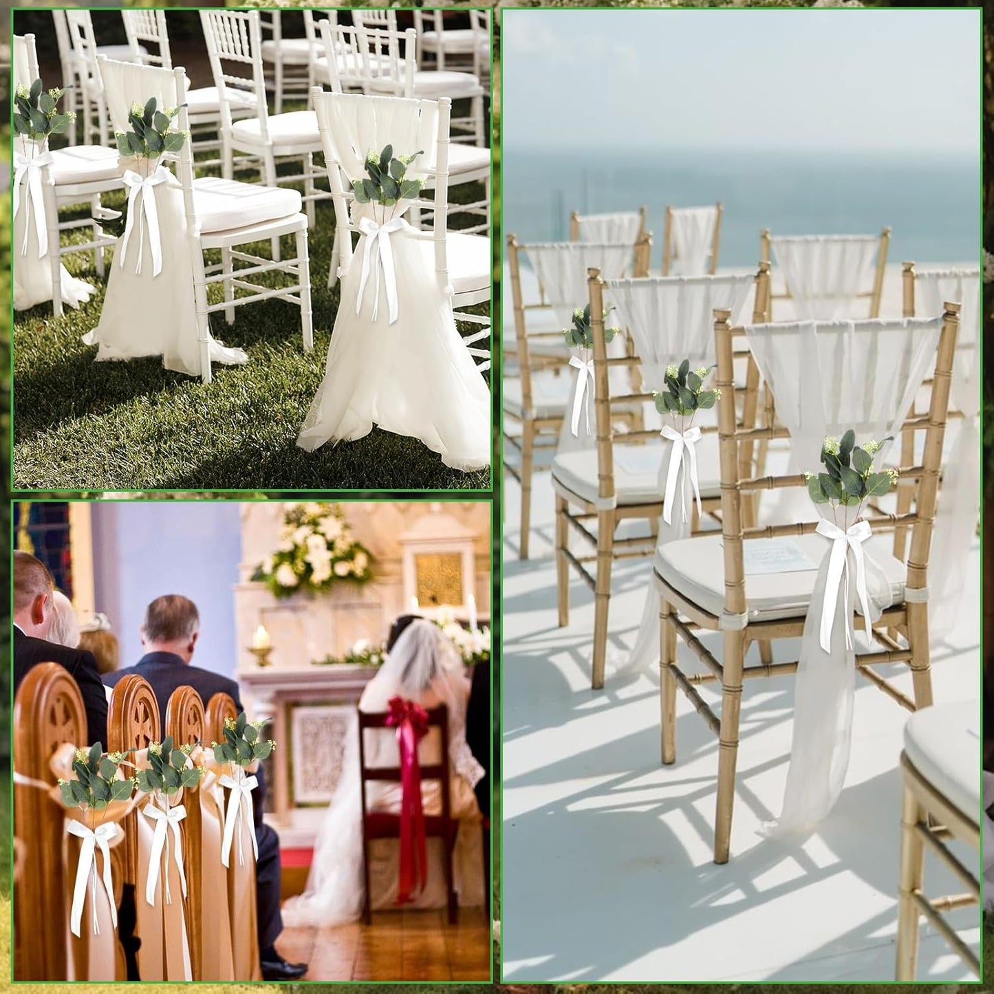 Skiennix Wedding Aisle Decorations - 24 Sets of Elegant White Ribbon Bows with Artificial Eucalyptus for Chairs & Benches