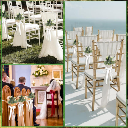 Skiennix Wedding Aisle Decorations - 24 Sets of Elegant White Ribbon Bows with Artificial Eucalyptus for Chairs & Benches