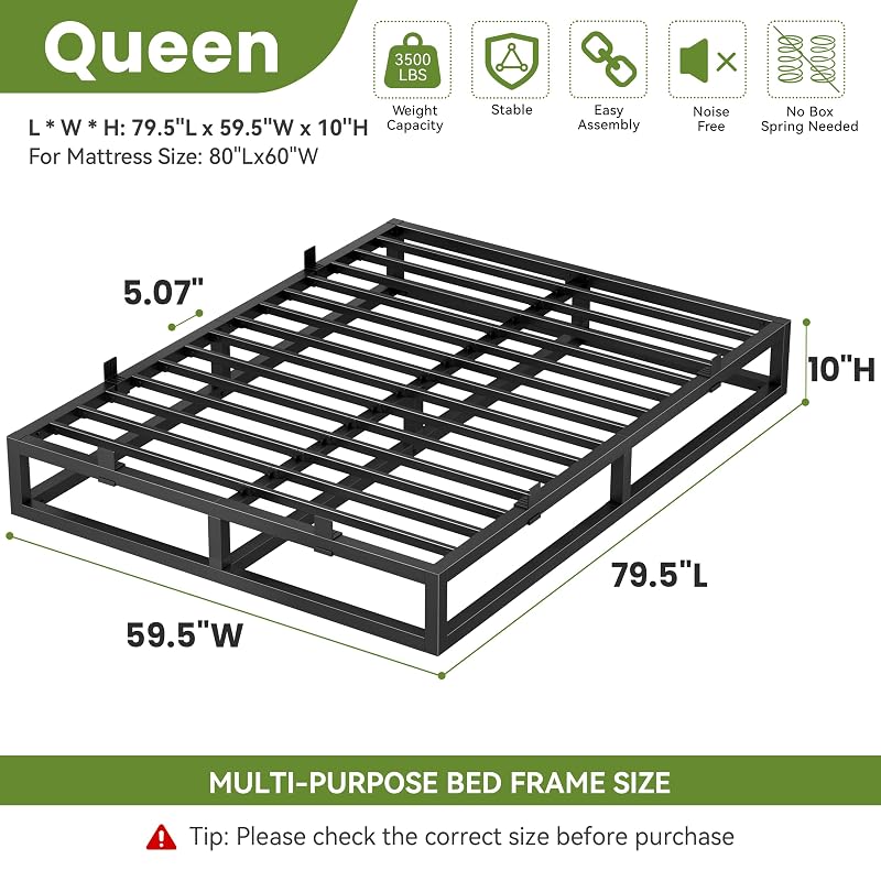 10 Inch Queen Bed Frame - Heavy Duty Metal Platform Base (Variation: 10 Inch+Queen)