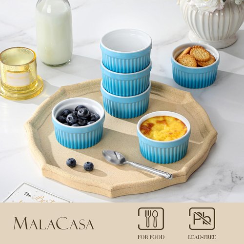 MALACASA Ramekins - 4 Oz Oven Safe Ceramic Souffle Dishes for Baking | Set of 6 Blue Custard Cups