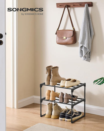 SONGMICS 2-Tier Shoe Rack - Stackable Metal Organizer for 3-6 Pairs | Black, 11.8 x 16.7 x 14.8 Inches
